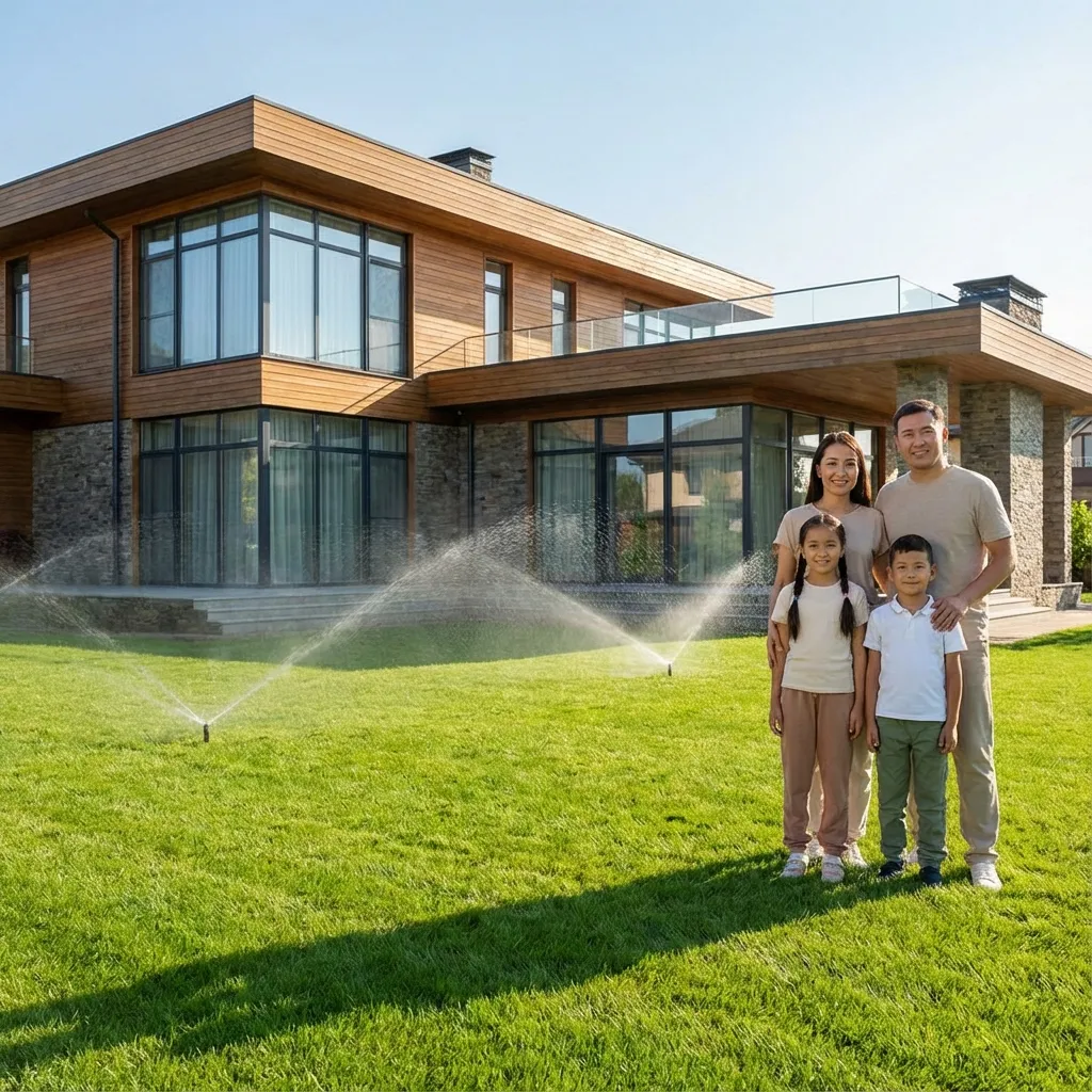 Happy family in front of a modern house with a clean yard